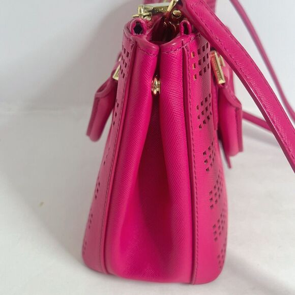 Tory Burch Robinson Fuchsia Double Zip Perforated Handbag Pink Leather Purse - Picture 3 of 14